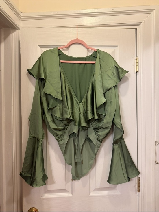 Norma Kamali Tops - Norma Kamali deep v Sage Green Ruffle Tie-Front Bodysuit top free people